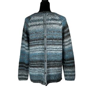 Kenar Blue Striped Wool Sweater Alpaca Button Back Warm Winter Pullover CrewNeck